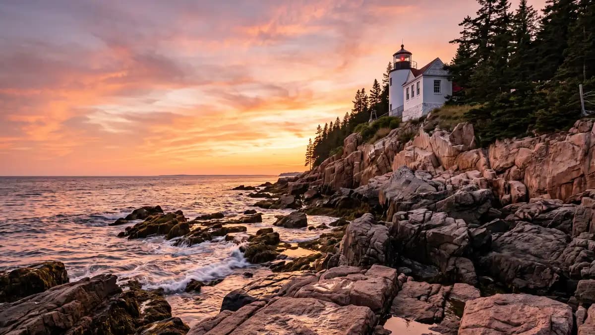 Bass Harbor Head Lighthouse at sunset in Acadia National Park