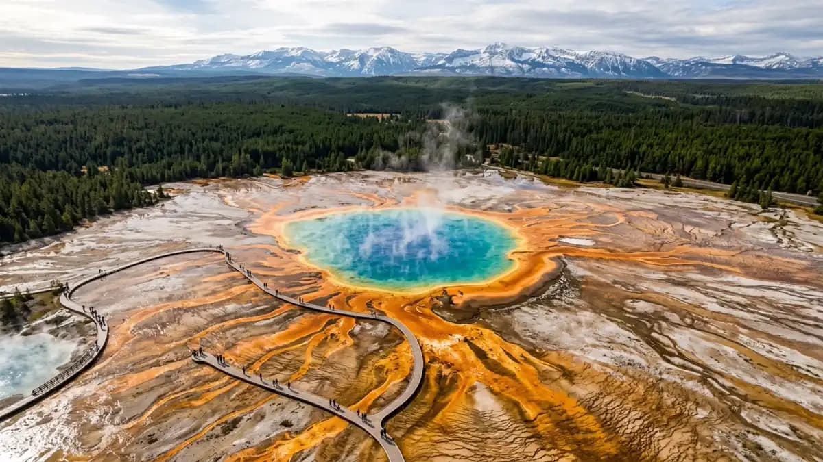 Grand Prismatic Spring aerial view at Yellowstone National Park