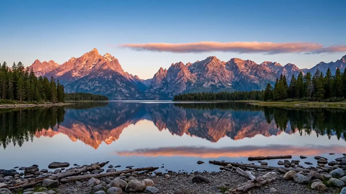 Teton Range at sunrise reflected in Jackson Lake