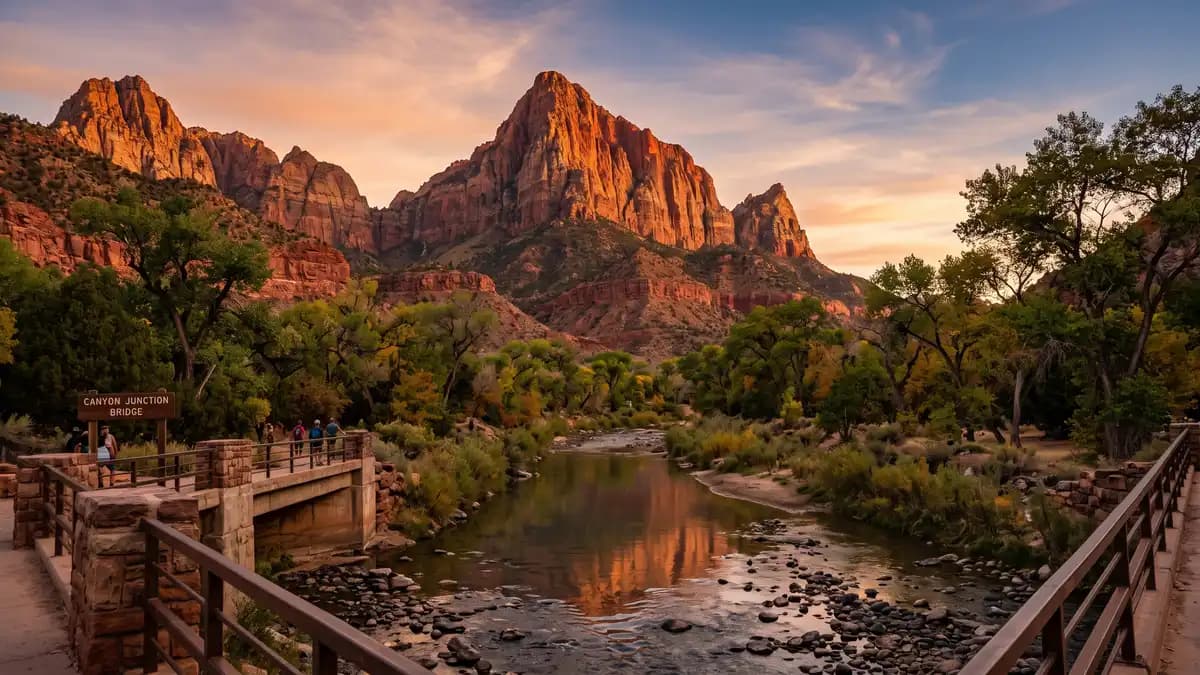 The Watchman at sunset over the Virgin River in Zion National Park